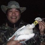This lucky hunter was on his first snow goose hunt and was lucky enough to win the draw for this ross goose with a yellow neck collar.