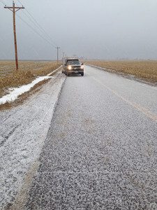 This is a picture form Missouri. It takes us 3 days to get all of the gear in the fields ready to hunt. This is what happened while driving to the last field to set. This was ice ball that covered the road in a couple minutes.