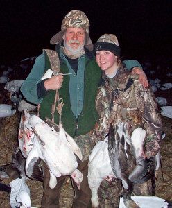 When we first started running spring snow goose hunts it was rare to have women and kids hunting. Today it is not that uncommon to have families, wives, and girlfriends hunting with the men. Here a daughter spends time with her father for a few days in the field.