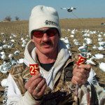 Here is Up North Outdoors guide Curt Schrader. Curt rarely leaves the field even when the hunters break for lunch. This day his hunters returned from lunch just in time to watch from the field drive as Curt shot this red neck collar on a blue goose for a migrating flock of snow geese. Although the middle of the day can be slow a few close working migrating snow goose flocks can add a lot of birds to the day’s total. The neck collar was shot off and it took several minutes of searching to find both halves.