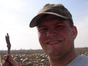 When his hunters decided to take a lunch break snow goose guide Jake Groth eat in the field and was rewarded with this leg band on a blue goose.
