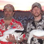 These guys hunted Missouri for a couple days then we moved them to South Dakota. The temperatures were in the 70's and 80's in late March which is about 30-40 degrees warmer than normal. These hunters took light of the situation with their Hawaiian shirts. It must have worked as they got two banded birds. A leg band and a neck collar, both on Ross geese.